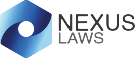 Logotipo de Nexus Laws con un diseño hexagonal azul y el texto 'Nexus Laws' en letras negras.